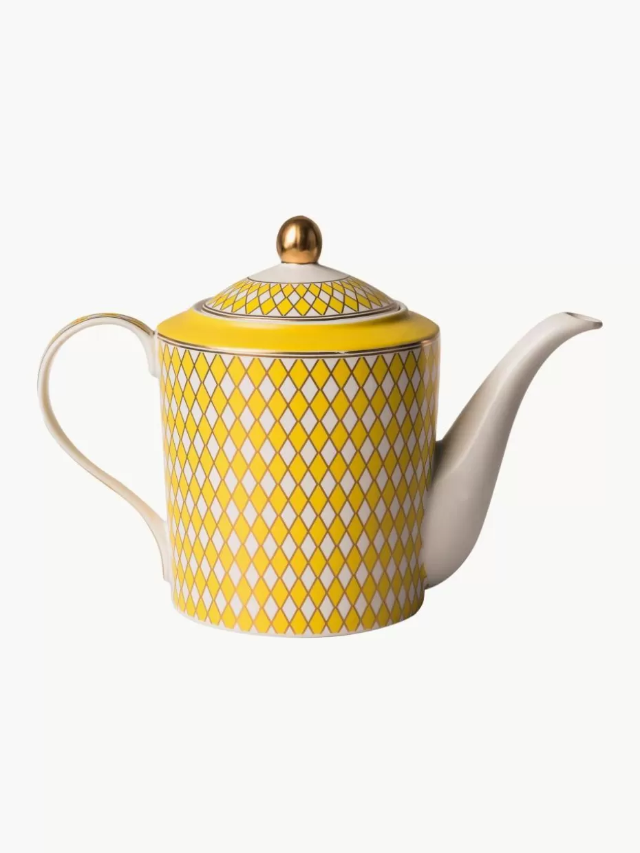 Kannen & Karaffen-Pols Potten Handgefertigte Porzellan-Teekanne Chess, 1.1 L Sonnengelb, Off White, Goldfarben