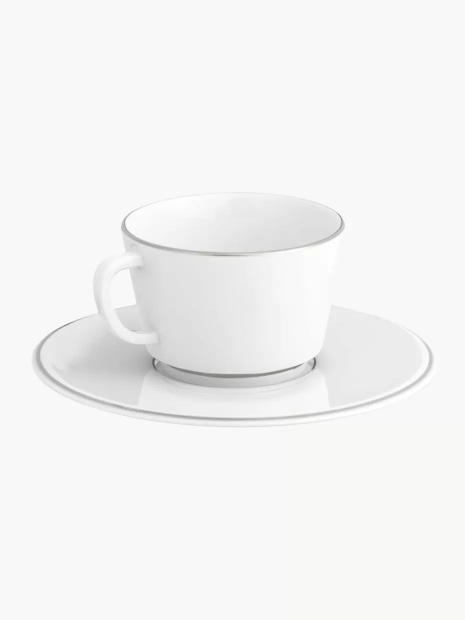Tassen-Meissen Handgefertigte XS Porzellan-Kaffeetassen Vitruv mit Untertassen und handgemaltem Platinrand, 2 Stück