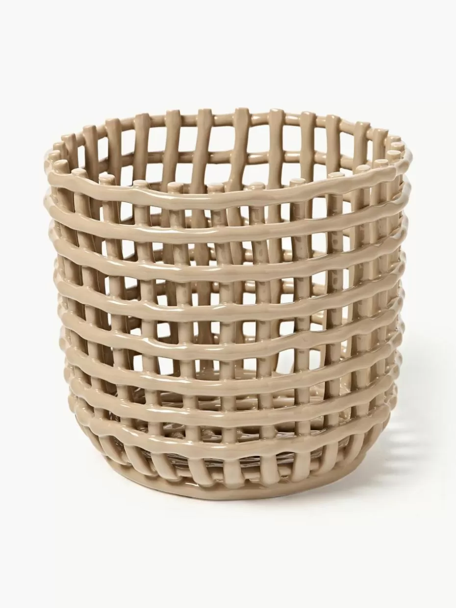 Körbe-ferm LIVING Handgefertigter Aufbewahrungskorb Nalan aus Keramik, H 21 cm Hellbeige