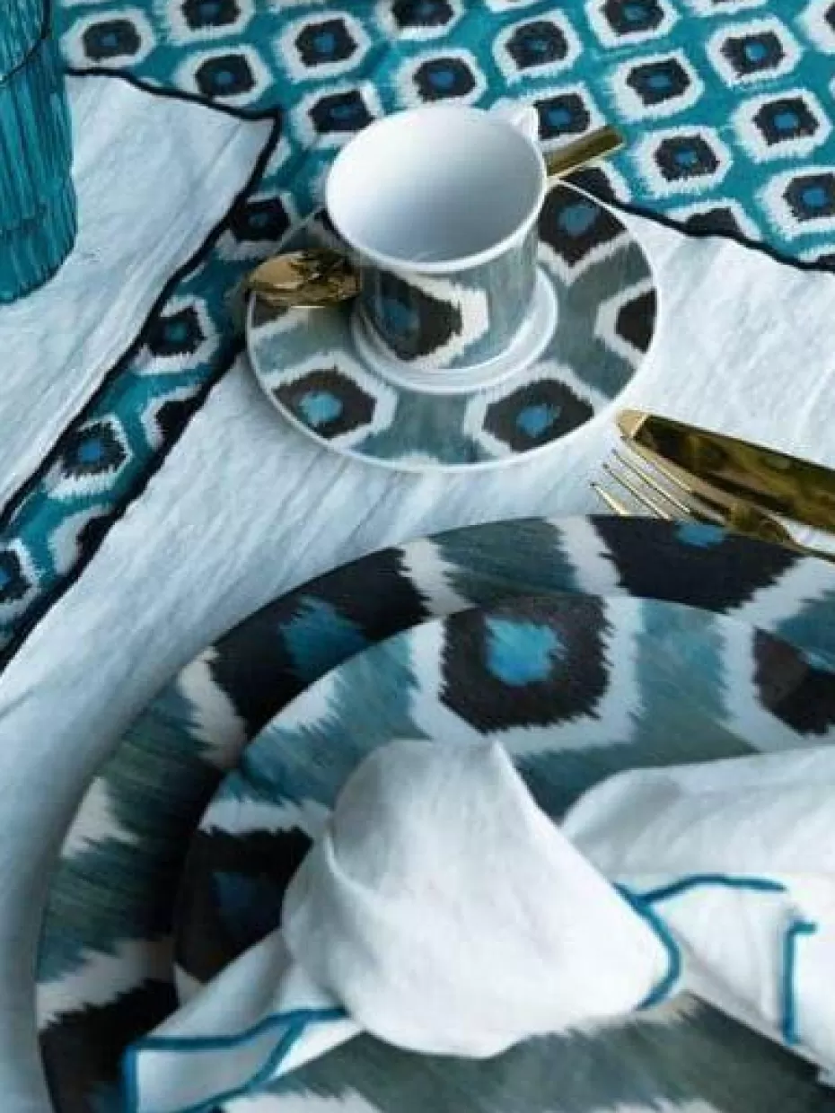 Teller-Les Ottomans Handgefertigter Porzellan-Frühstücksteller Ikat Petrol, Schwarz, Weiß