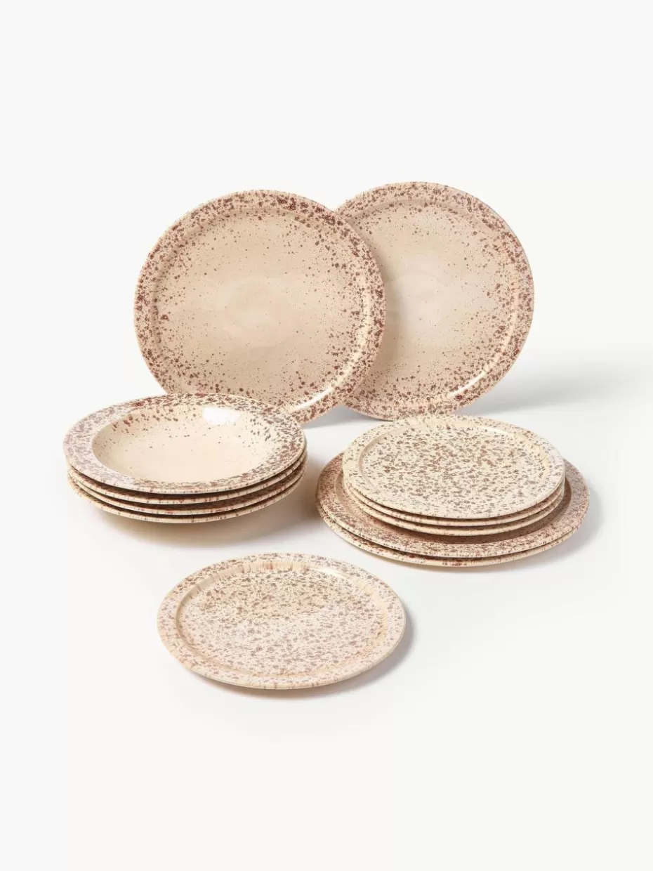 Weihnachtsgeschirr | Geschirr-Sets-Westwing Collection Handgefertigtes Geschirr-Set Bernardo, 4 Personen (12-tlg.) Hellbeige, Weinrot