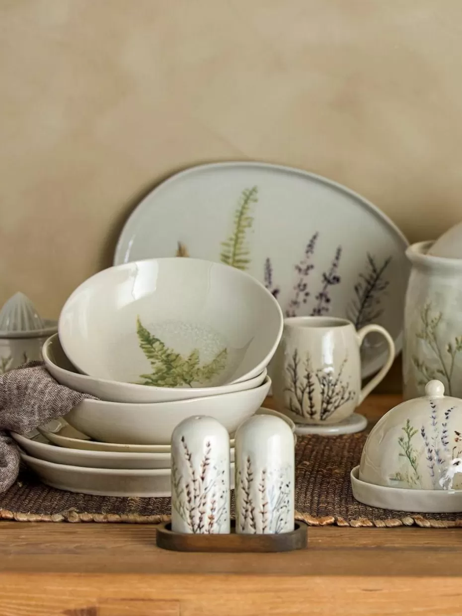 Gewürzmühlen | Geschirrserien-Bloomingville Handgemachte Salz- und Pfefferstreuer Bea mit Gräser-Motiv und Holzablage, 3er-Set