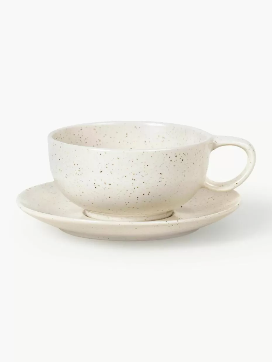 Tassen-Broste Copenhagen Handgemachte Teetasse Nordic Vanilla mit Untertasse Off White, gesprenkelt