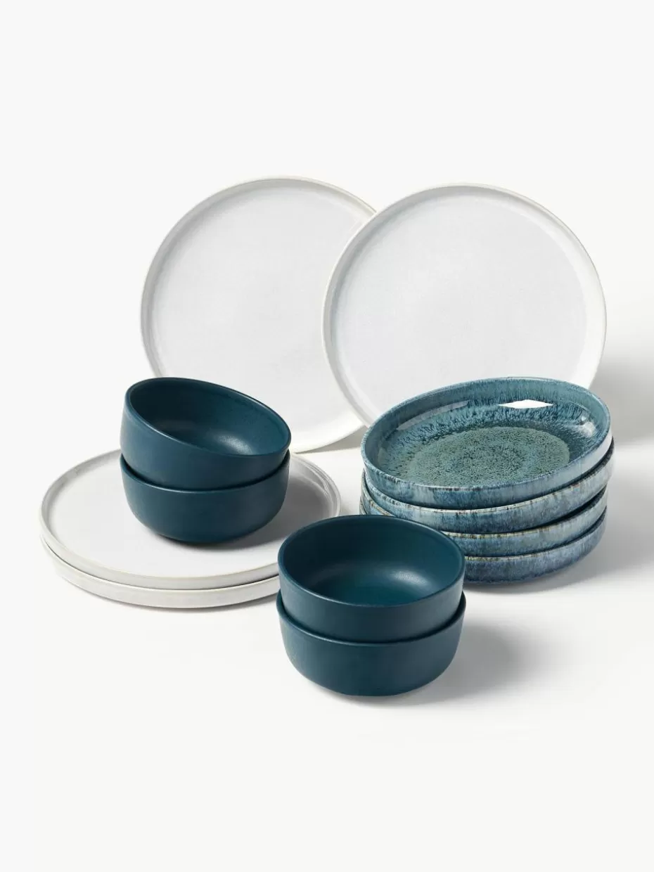 Geschirr-Sets-Westwing Collection Handgemachtes Geschirr-Set Ethel mit reaktiver Glasur, 4 Personen (12-tlg.) Weiß, Petrol