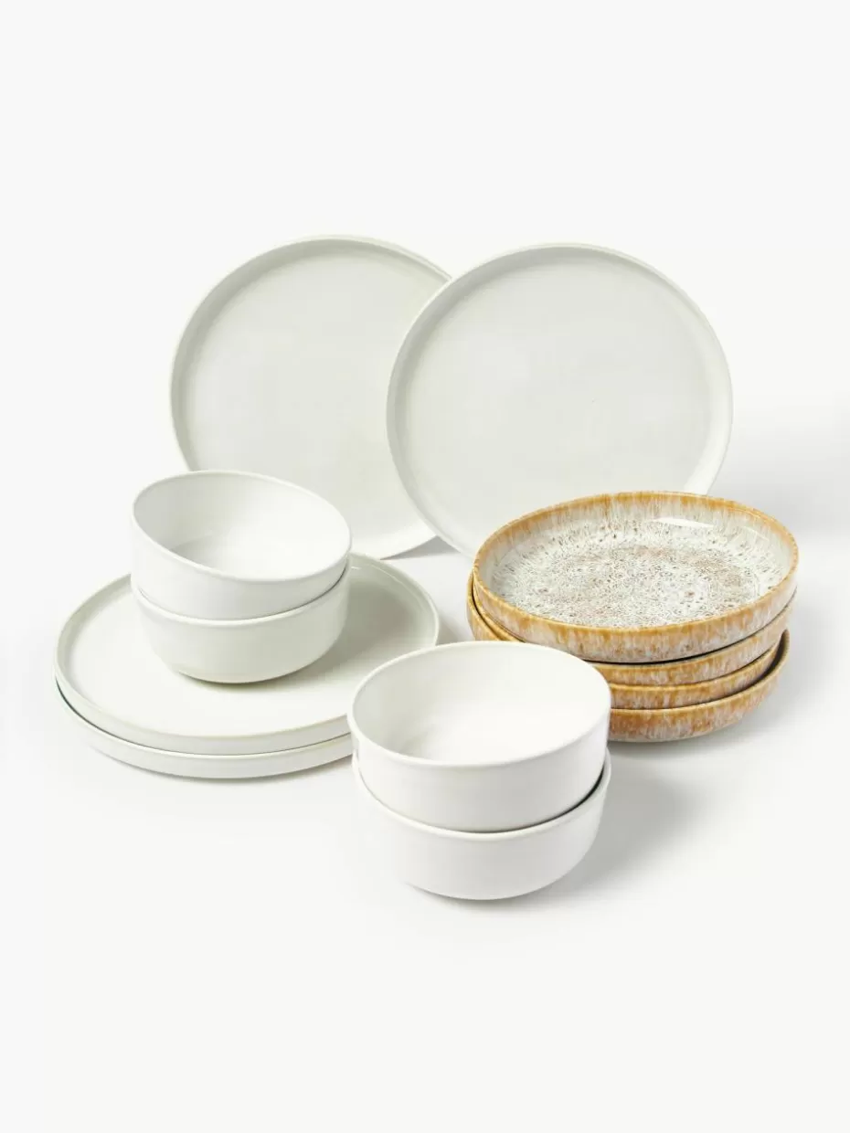 Geschirr-Sets-Westwing Collection Handgemachtes Geschirr-Set Ethel mit reaktiver Glasur, 4 Personen (12-tlg.) Weiß, Ocker