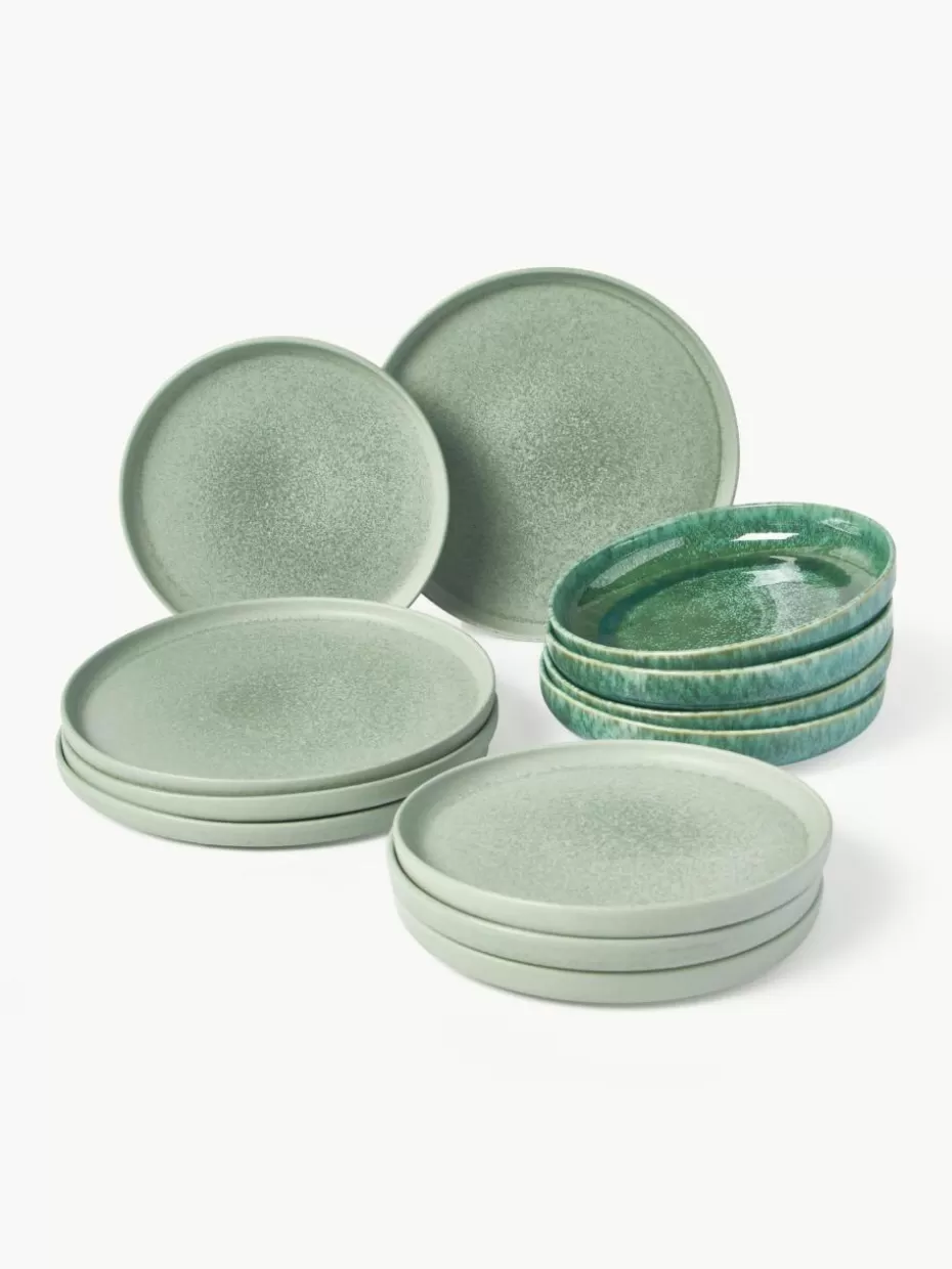 Geschirr-Sets-Westwing Collection Handgemachtes Geschirr-Set Pam mit reaktiver Glasur, 4 Personen (12-tlg.) Salbeigrün