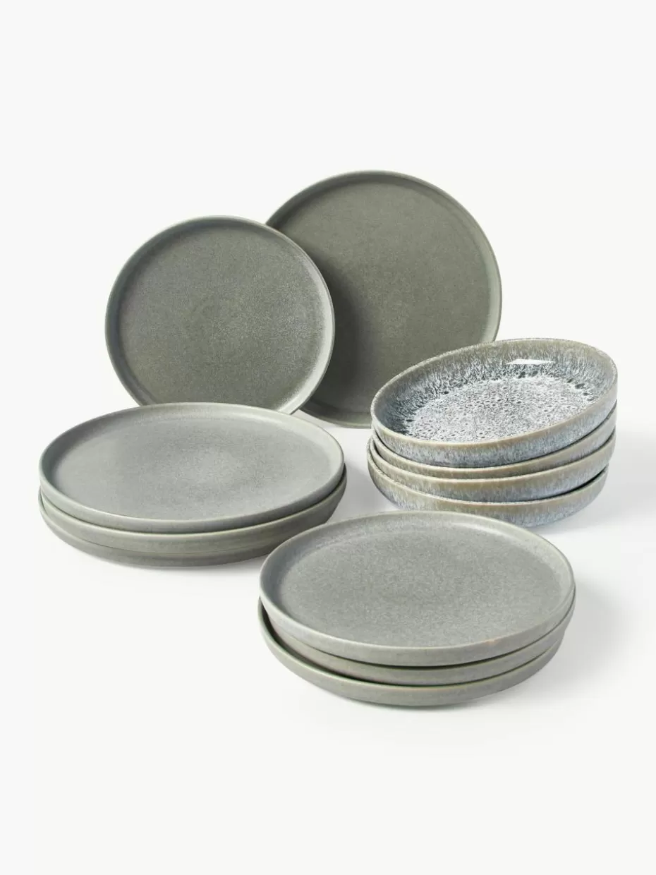 Geschirr-Sets-Westwing Collection Handgemachtes Geschirr-Set Pam mit reaktiver Glasur, 4 Personen (12-tlg.) Hellgrau