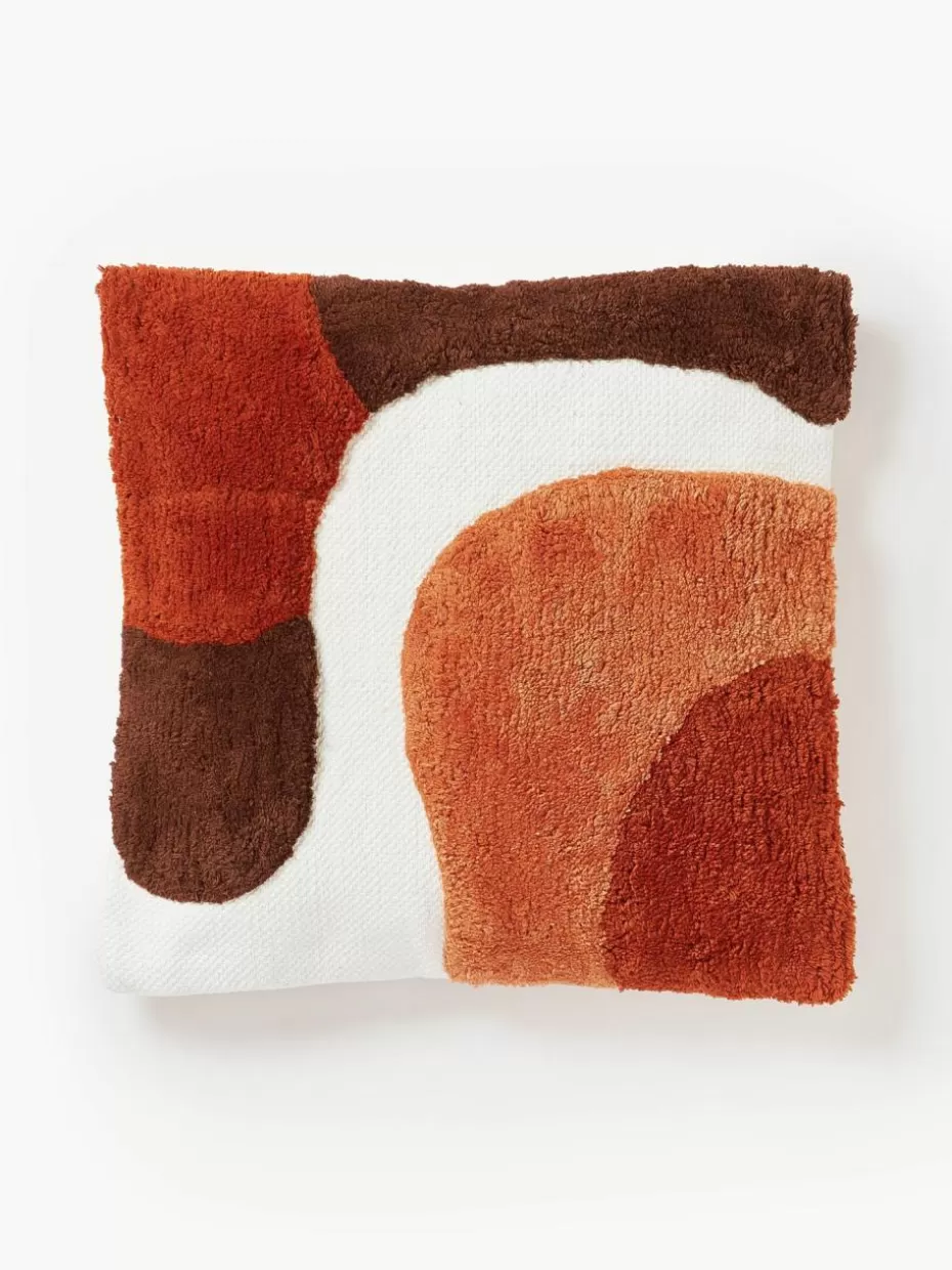 Dekokissen-Westwing Collection Handgetuftete Kissenhülle Malu mit Verzierungen Rot, Orange, Dunkelbraun, Cremeweiß