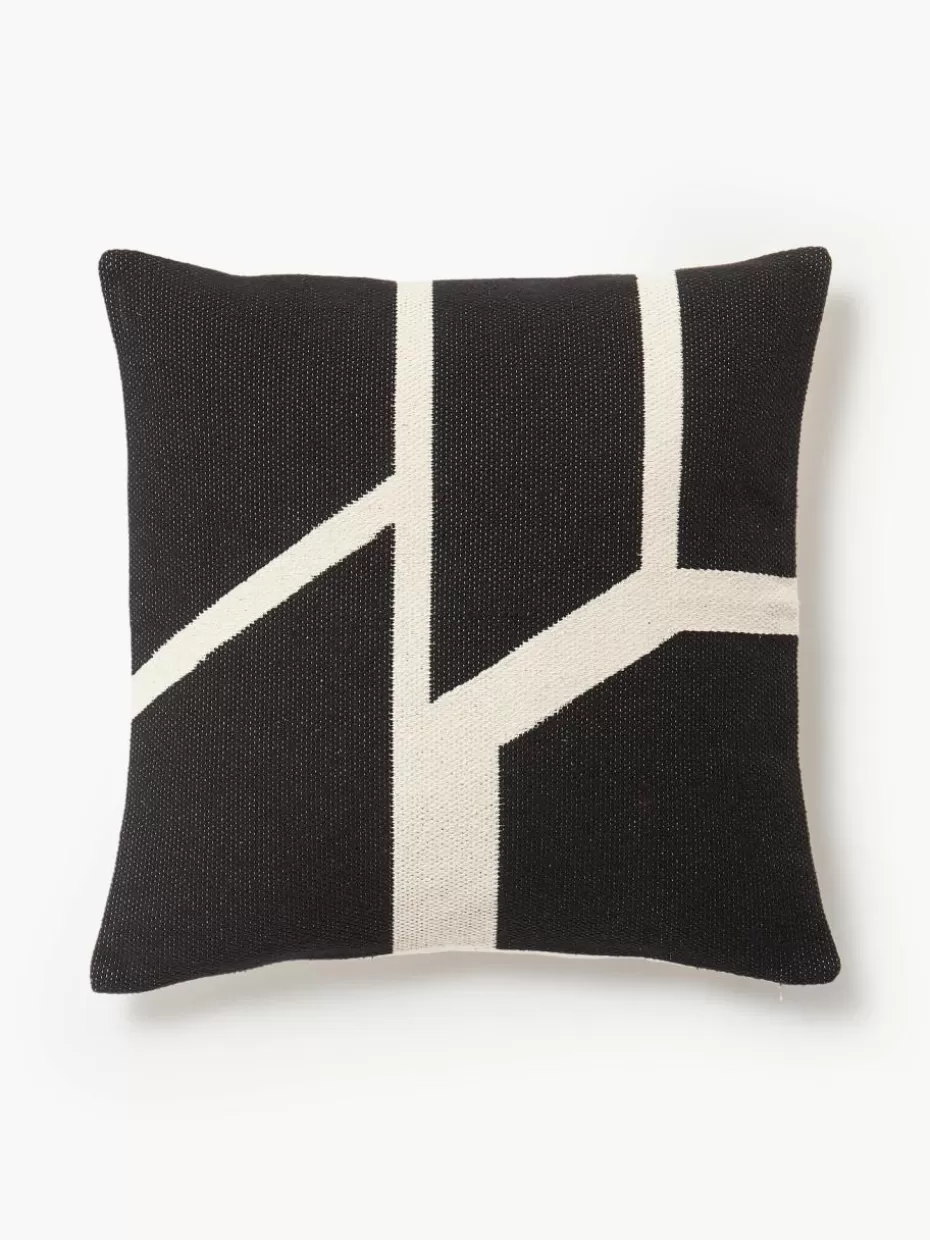 Dekokissen-Westwing Collection Handgewebte Kissenhülle Asta mit geometrischem Muster Schwarz, Hellbeige