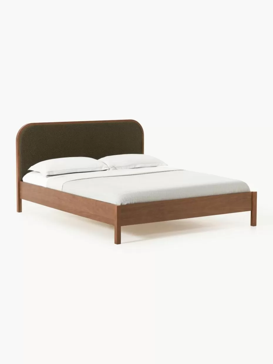 Betten-Westwing Collection Holzbett Jones mit Kopfteil aus Bouclé Dunkles Eichenholz, Bouclé Olivgrün