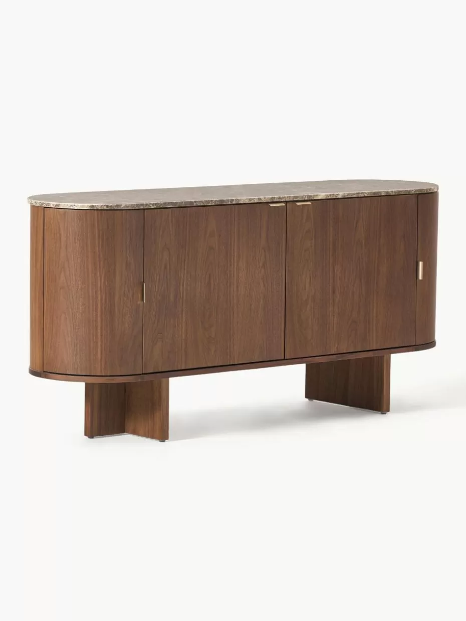 Kommoden & Sideboards-Westwing Collection Holz-Sideboard Zumi mit abgerundeten Ecken und Marmorplatte Walnussholz lackiert, Braun marmoriert