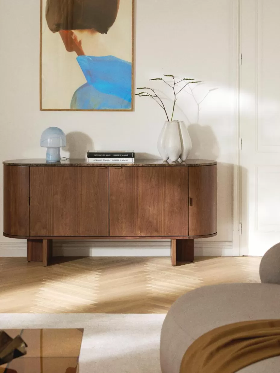 Kommoden & Sideboards-Westwing Collection Holz-Sideboard Zumi mit abgerundeten Ecken und Marmorplatte Walnussholz lackiert, Braun marmoriert