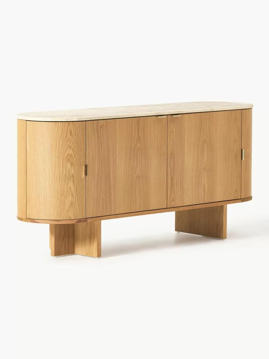 Kommoden & Sideboards-Westwing Collection Holz-Sideboard Zumi mit abgerundeten Ecken und Travertinplatte Eichenholz, Travertin Beigetöne