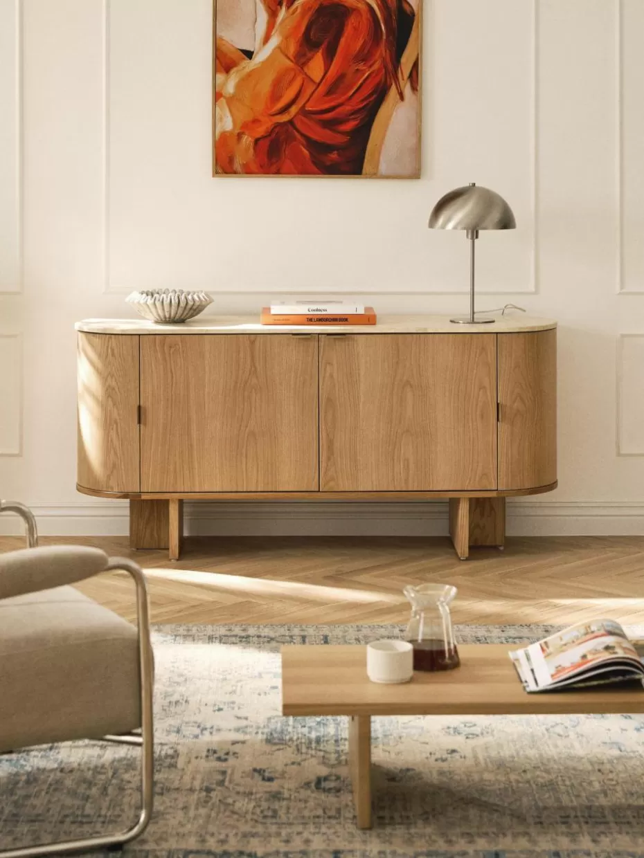 Kommoden & Sideboards-Westwing Collection Holz-Sideboard Zumi mit abgerundeten Ecken und Travertinplatte Eichenholz, Travertin Beigetöne