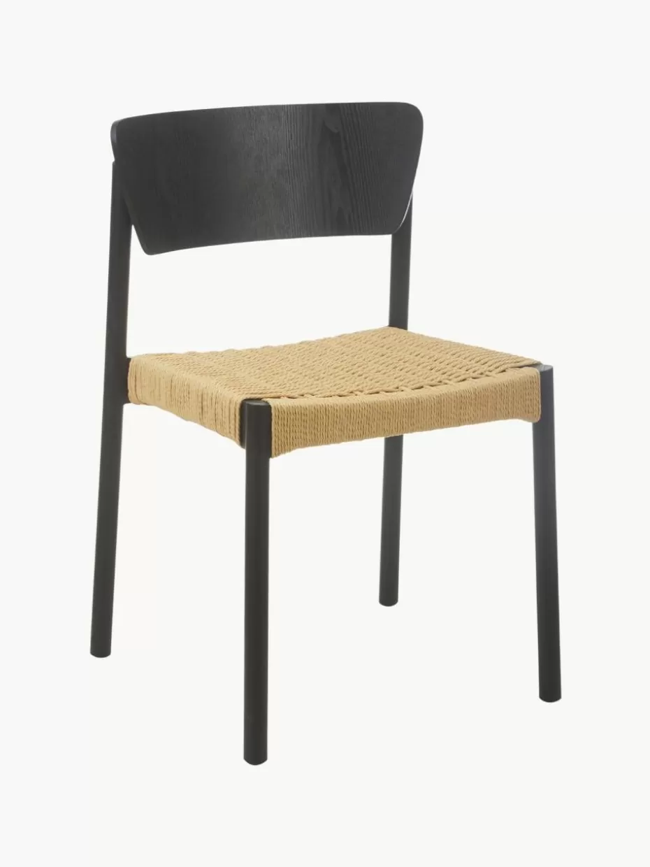 Stühle-Westwing Collection Holzstühle Danny mit Rattan-Sitzfläche, 2 Stück Schwarz, Beige