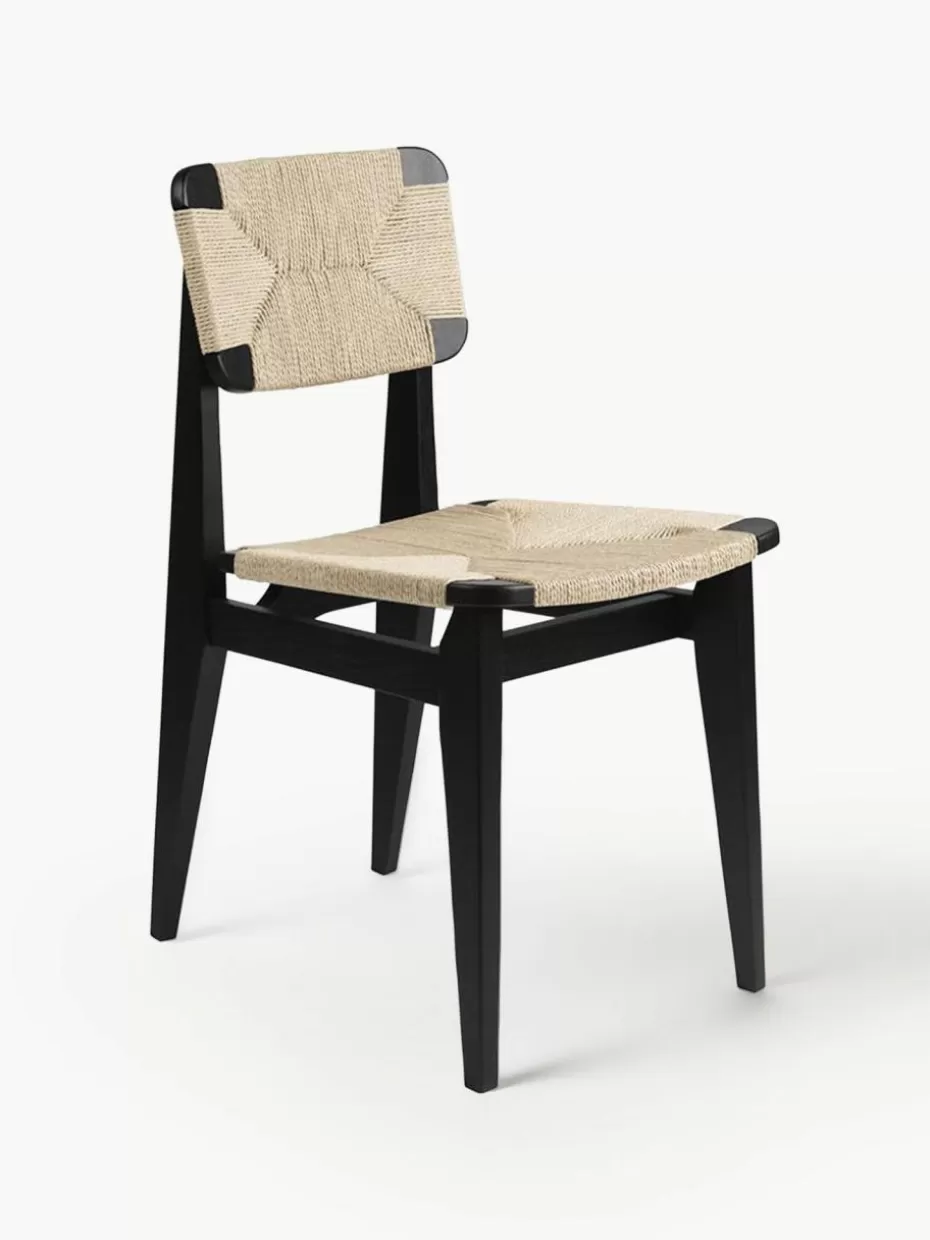 Stühle-GUBI Holzstuhl C-Chair aus Eichenholz mit geflochtener Sitzfläche Eichenholz schwarz lackiert, Hellbeige