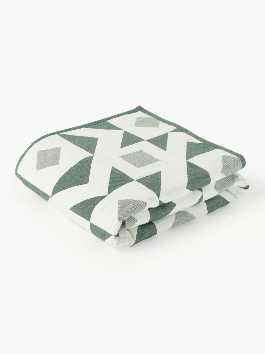 Weihnachtliche Decken & Plaids | Tagesdecken & Bettüberwürfe-Westwing Collection Jacquard-Tagesdecke Benson Off White, Dunkelgrün