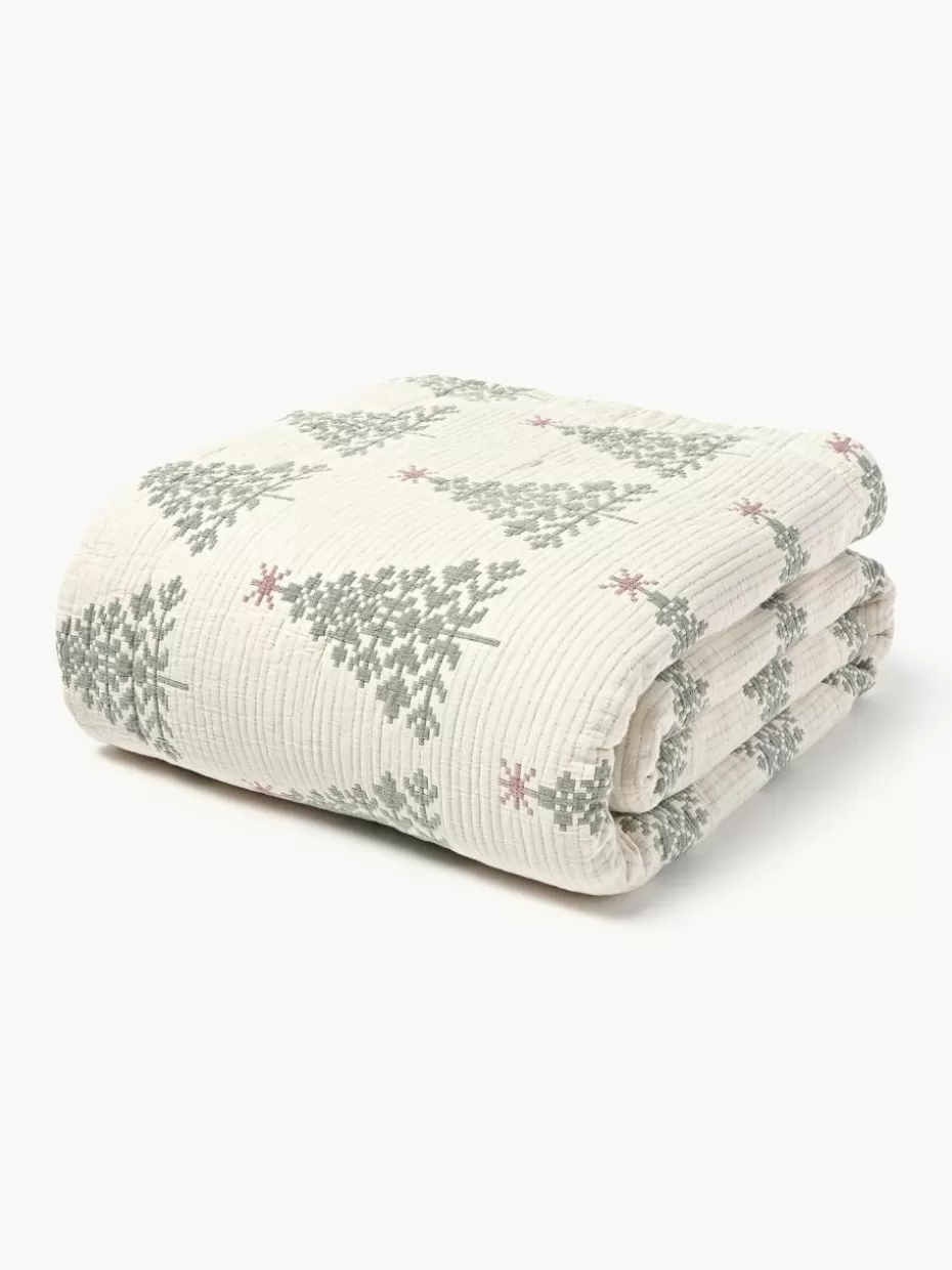 Tagesdecken & Bettüberwürfe-Westwing Collection Jacquard-Tagesdecke Cianna mit Weihnachtsmuster Off-White mit Tannenbaum-Motiv