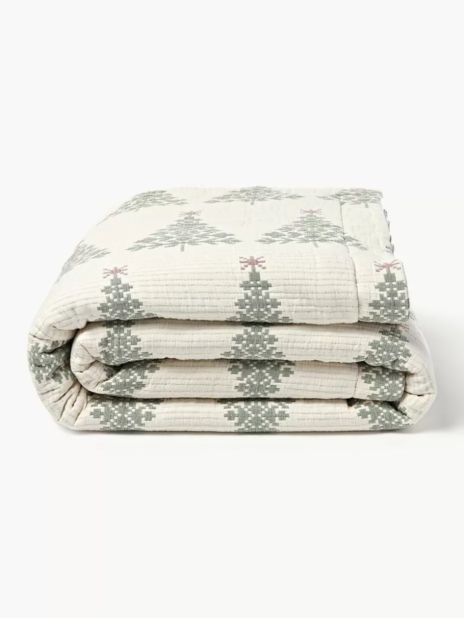 Tagesdecken & Bettüberwürfe-Westwing Collection Jacquard-Tagesdecke Cianna mit Weihnachtsmuster Off-White mit Tannenbaum-Motiv