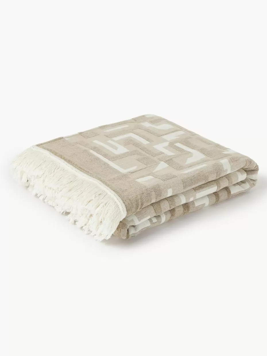 Tagesdecken & Bettüberwürfe-Westwing Collection Jacquard-Tagesdecke Fran mit Fransenabschluss Hellbeige, Cremeweiß