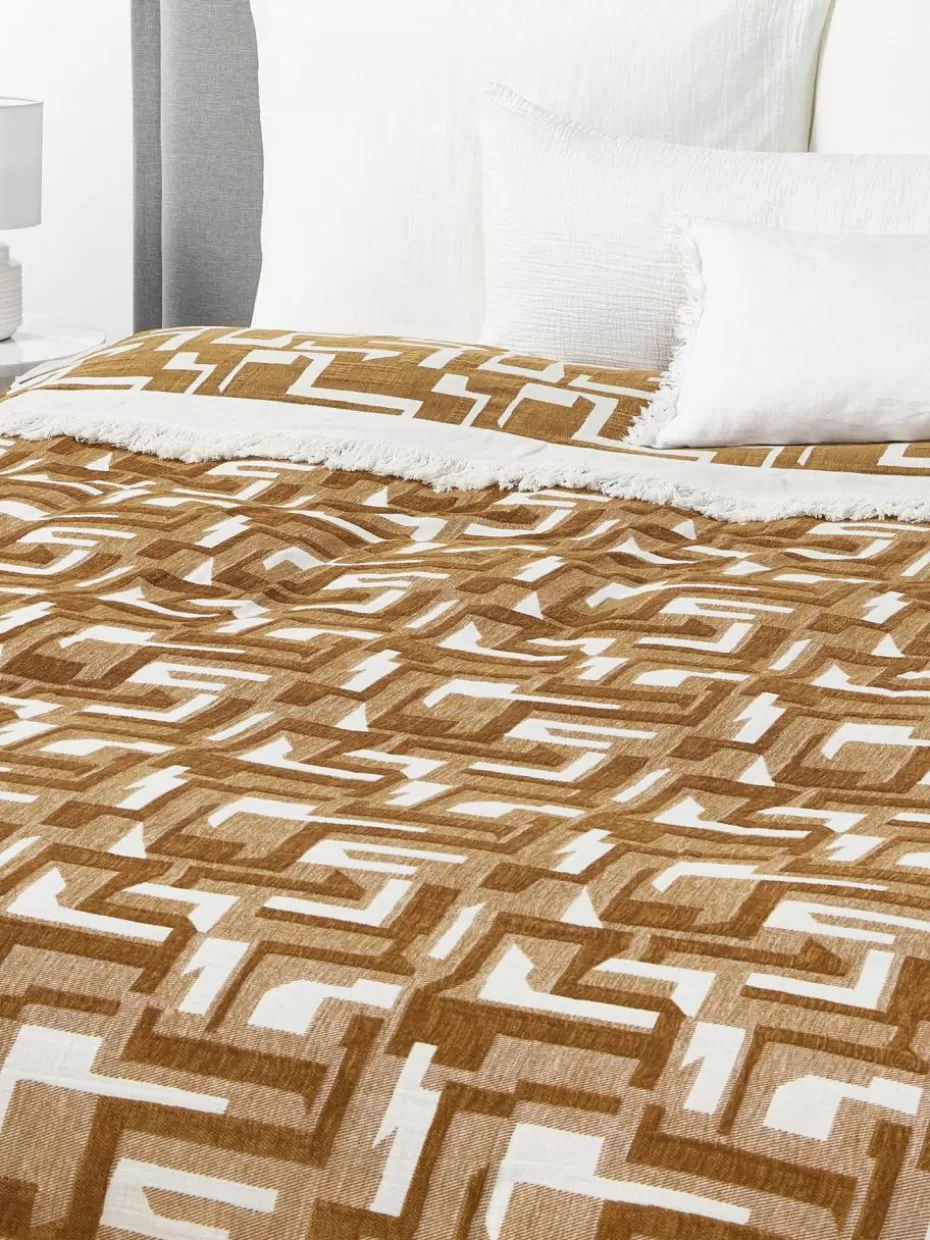 Tagesdecken & Bettüberwürfe-Westwing Collection Jacquard-Tagesdecke Fran mit Fransenabschluss Terrakottatöne, Cremeweiß
