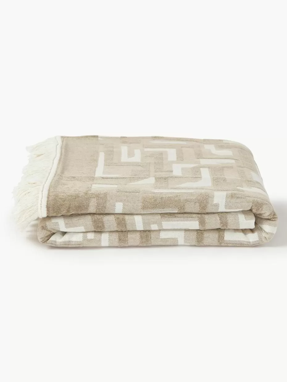 Tagesdecken & Bettüberwürfe-Westwing Collection Jacquard-Tagesdecke Fran mit Fransenabschluss Hellbeige, Cremeweiß