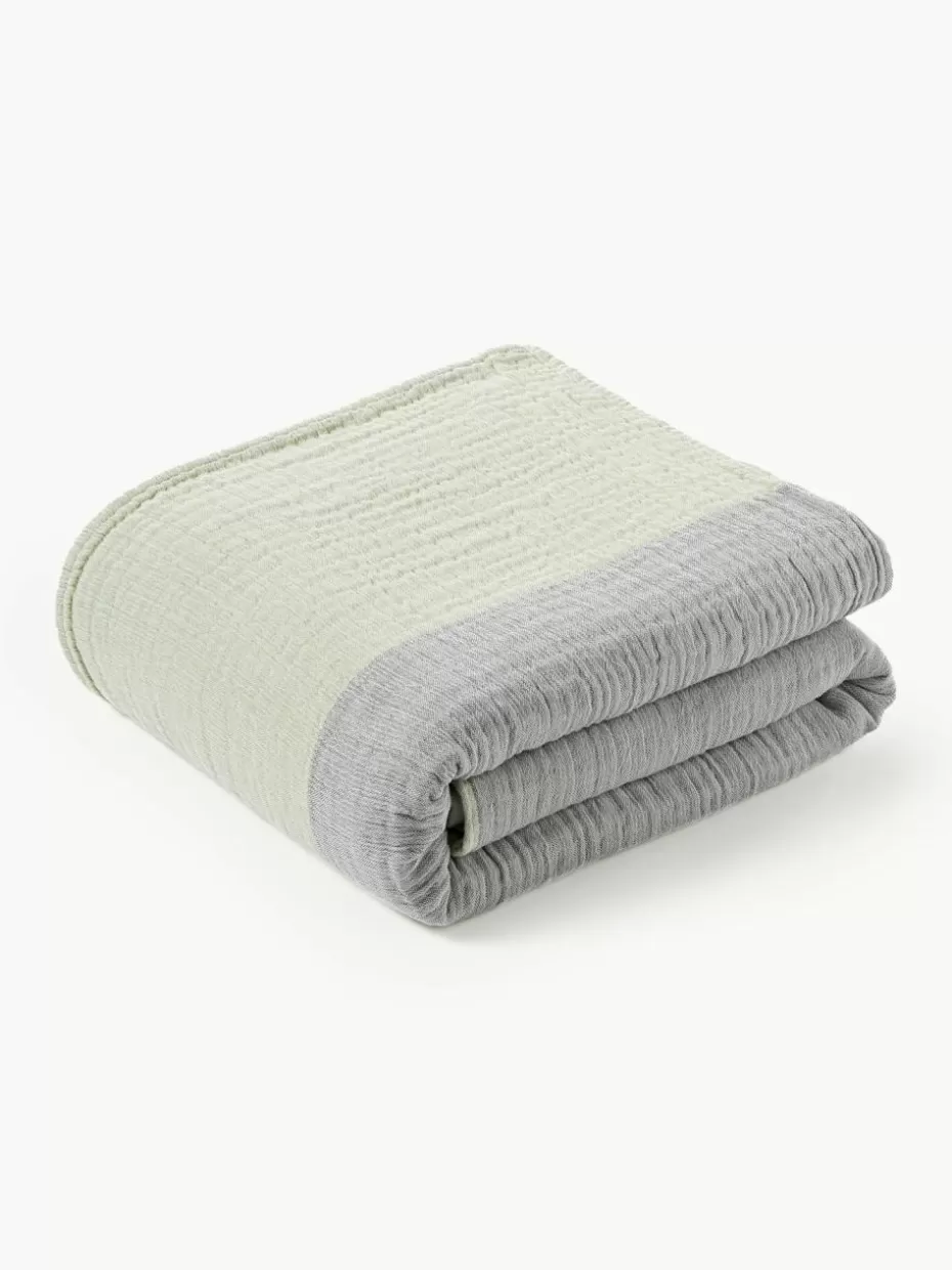 Tagesdecken & Bettüberwürfe-Westwing Collection Jacquard-Tagesdecke Hekla aus Musselin Olivgrün, Hellgrau