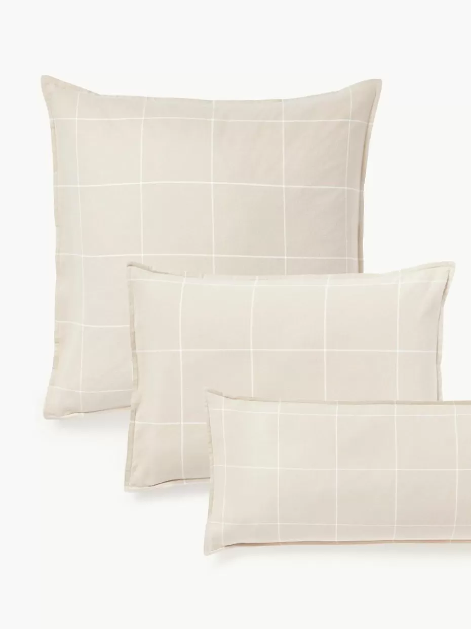 Kopfkissenbezüge-Westwing Collection Karierter Flanell-Wendekopfkissenbezug Noelle aus Baumwolle Hellbeige, Weiß