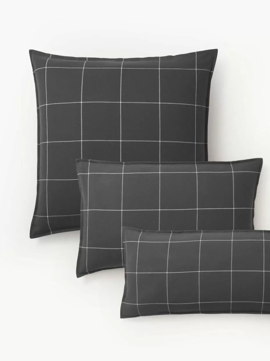 Kopfkissenbezüge-Westwing Collection Karierter Flanell-Wendekopfkissenbezug Noelle aus Baumwolle Anthrazit, Weiß