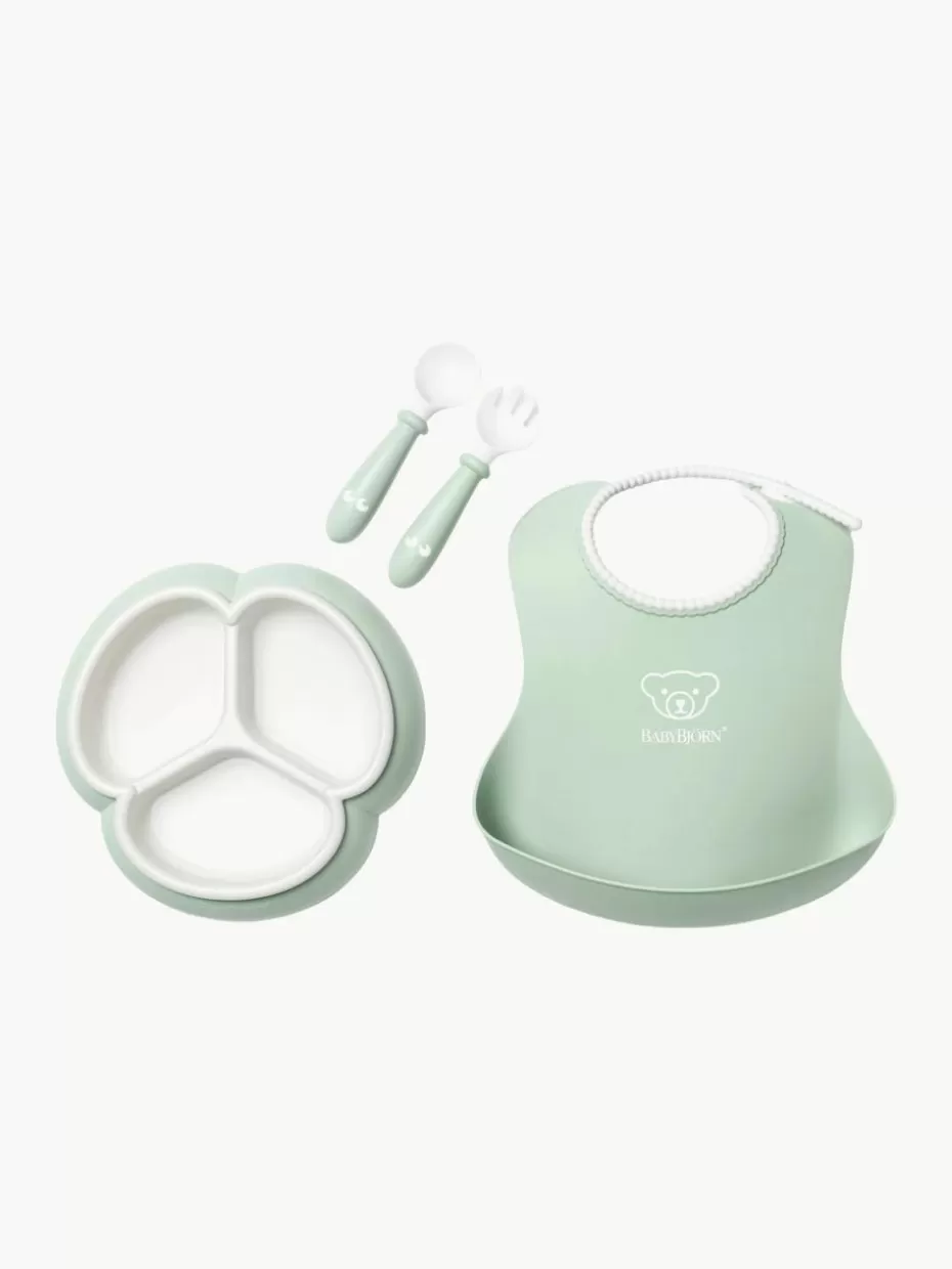 Tischsets & Lätzchen-BabyBjörn Kindergeschirr Bliss mit Lätzchen, 4er-Set Salbeigrün, Weiß