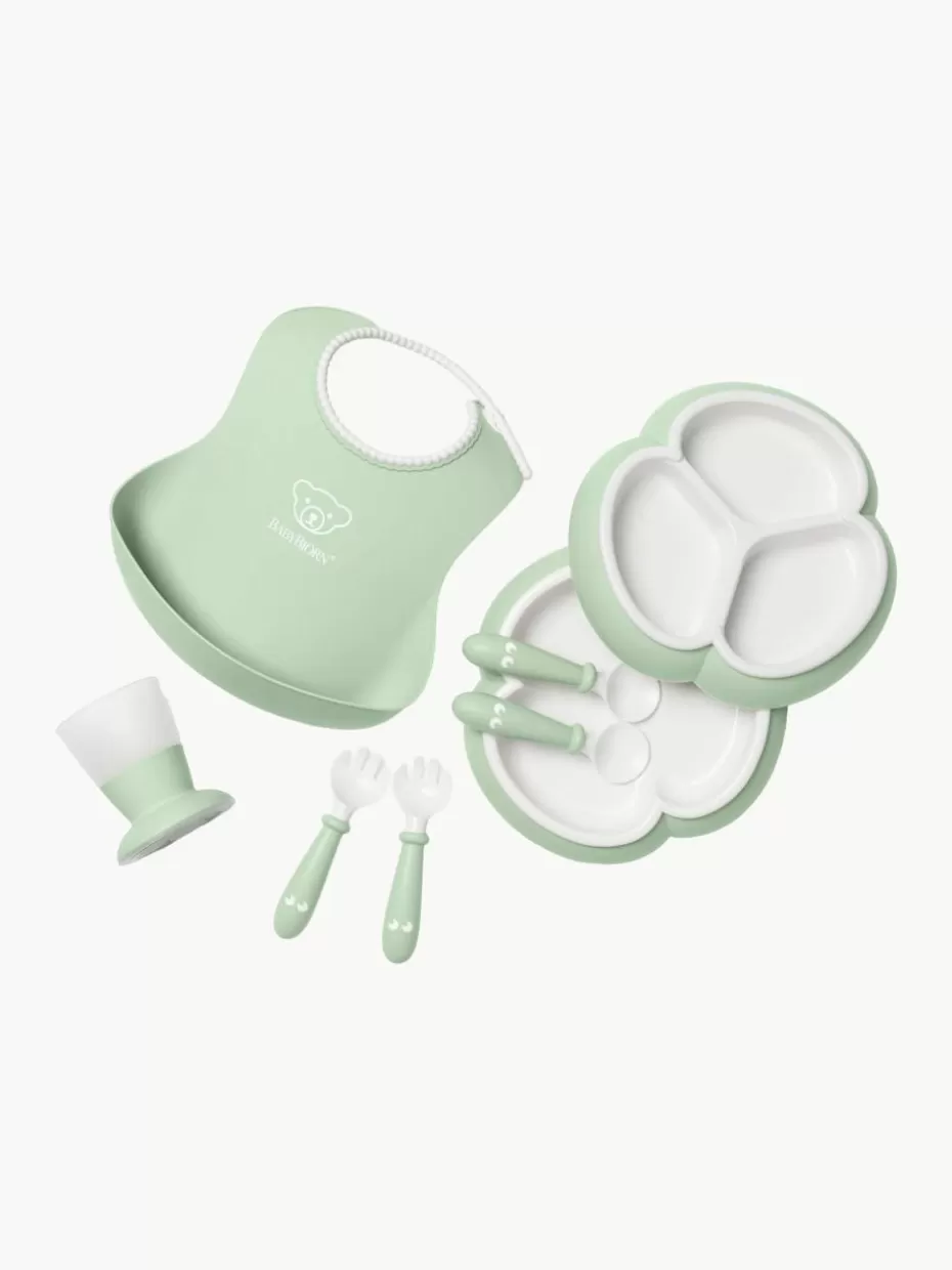 Tischsets & Lätzchen-BabyBjörn Kindergeschirr Bliss mit Lätzchen, 8er-Set Salbeigrün, Weiß