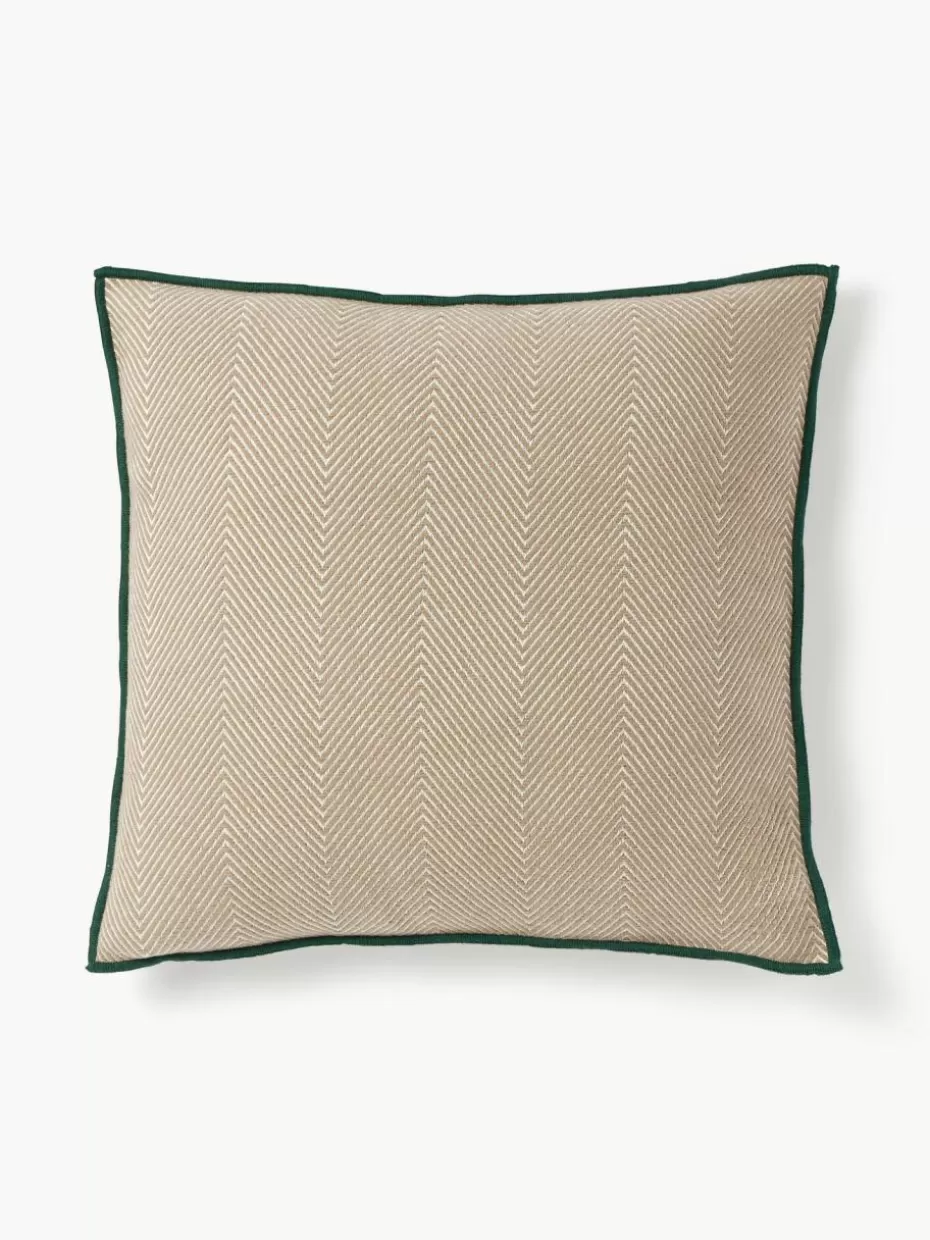 Dekokissen-Westwing Collection Kissenhülle Agatha mit Fischgrätmuster Hellbeige, Dunkelgrün