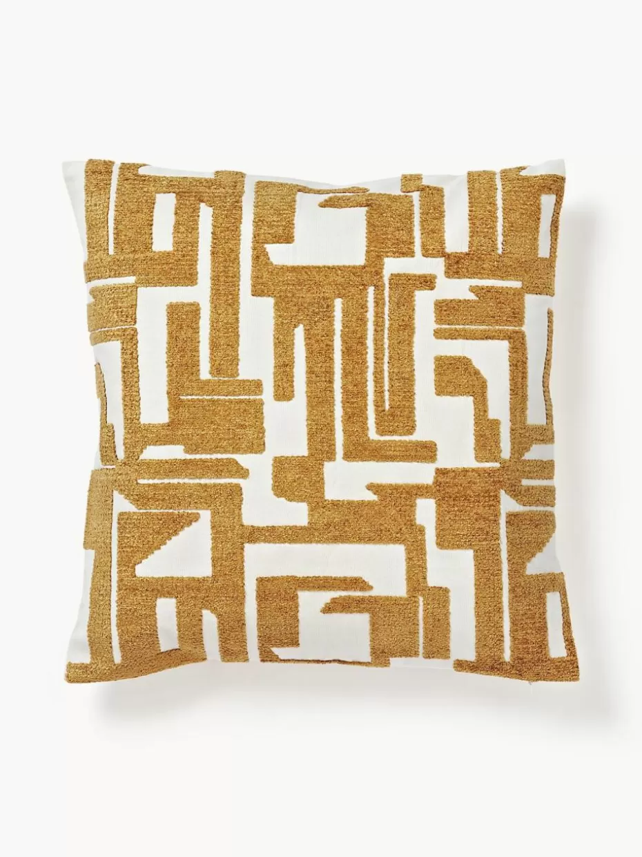 Dekokissen-Westwing Collection Kissenhülle Fran mit Chenille-Stickerei Senfgelb, Off White