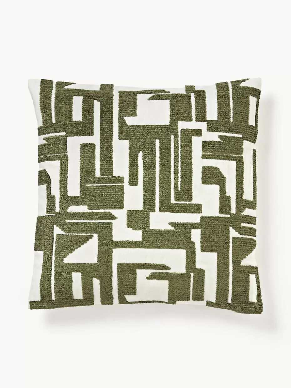 Dekokissen-Westwing Collection Kissenhülle Fran mit Chenille-Stickerei Olivgrün, Off White