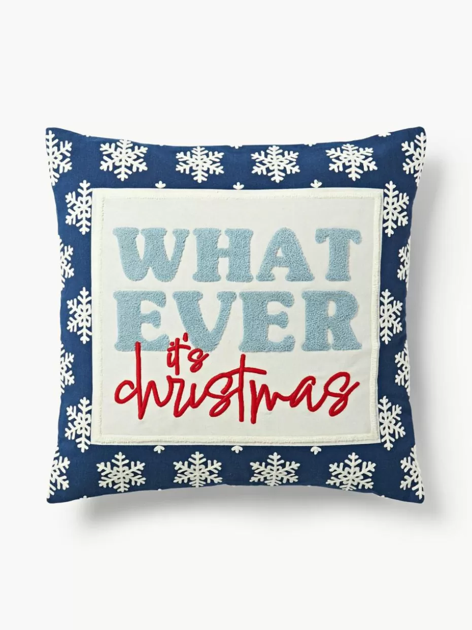 Weihnachtskissen | Dekokissen-Westwing Collection Kissenhülle Whatever mit bestickter Aufschrift Hellbeige, Blautöne