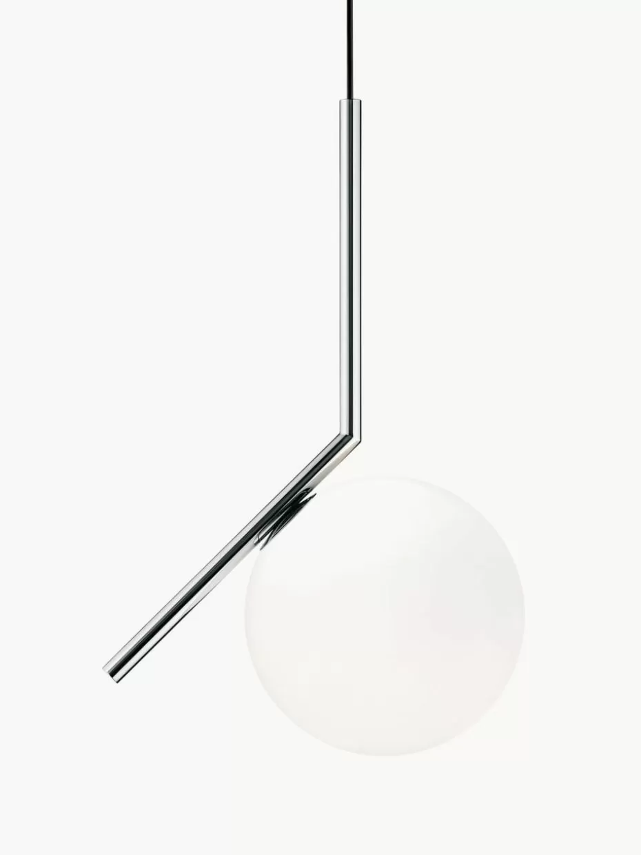 Pendelleuchten-Flos Kleine mundgeblasene Pendelleuchte IC Lights, H 47 cm Silberfarben glänzend, Weiß