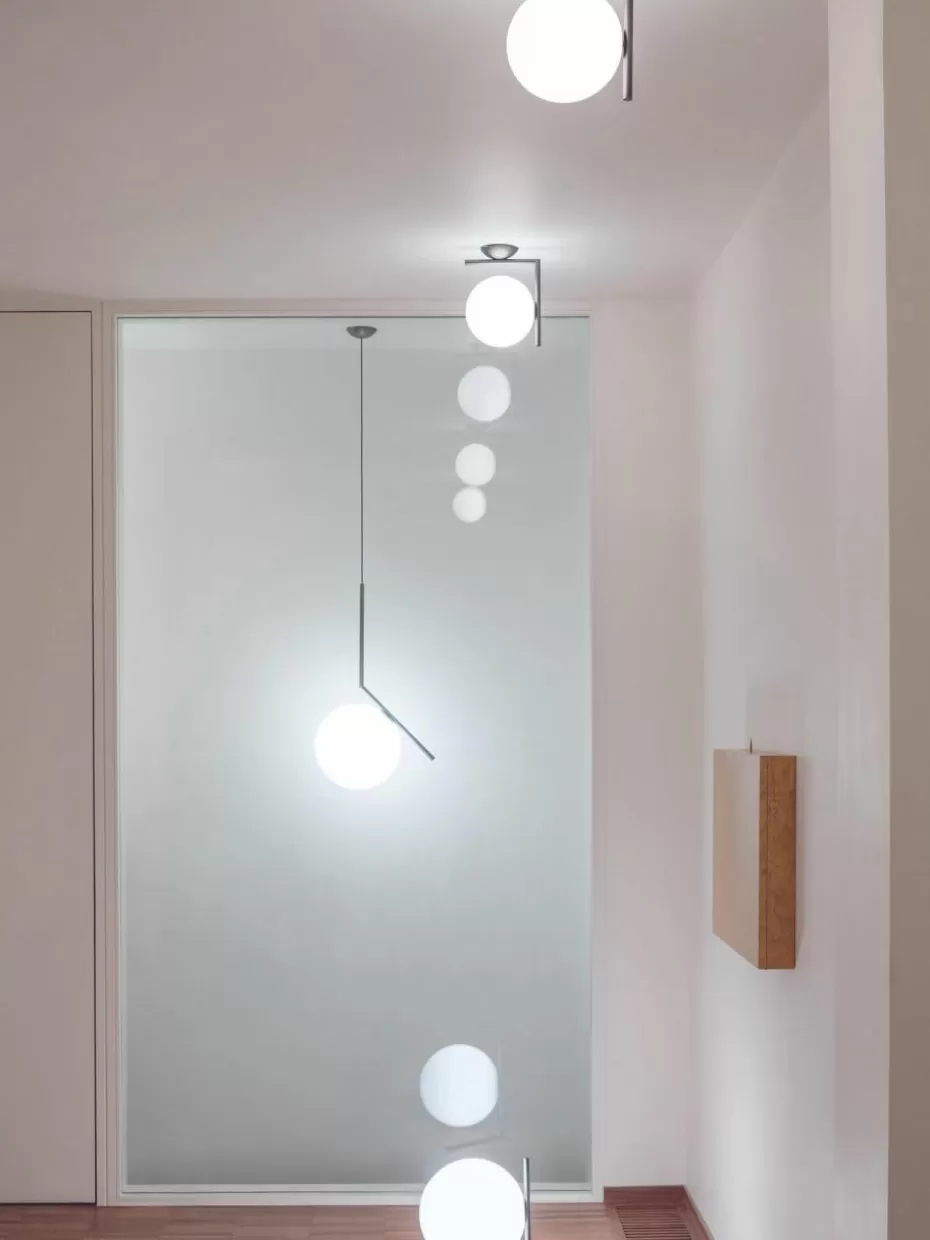 Pendelleuchten-Flos Kleine mundgeblasene Pendelleuchte IC Lights, H 47 cm Silberfarben glänzend, Weiß