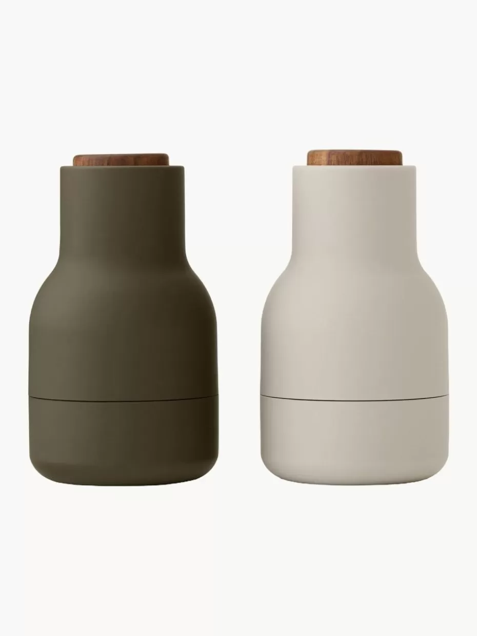 Gewürzmühlen-Audo Copenhagen Kleine Salz- & Pfeffermühle Bottle Grinder mit Walnussholzdeckel, 2er-Set Olivgrün, Hellbeige, Walnussholz