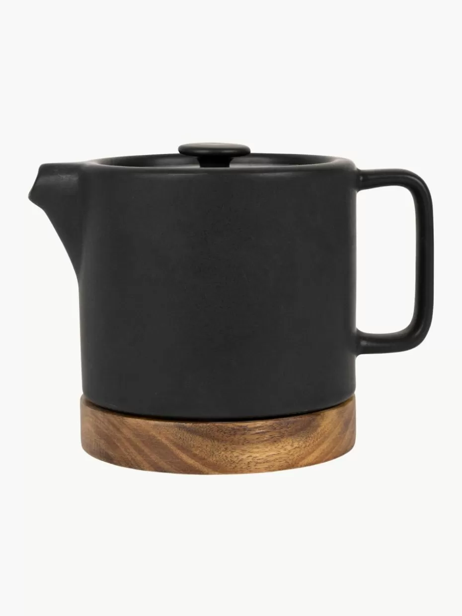 Kannen & Karaffen-Westwing Kleine Teekanne Nordika mit Akazienholzsockel, 700 ml Schwarz, matt, Dunkles Holz