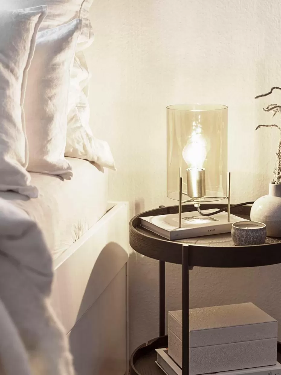 Nachttischlampen-Westwing Collection Kleine Tischlampe Laurel aus farbigem Glas Transparent, Goldfarben