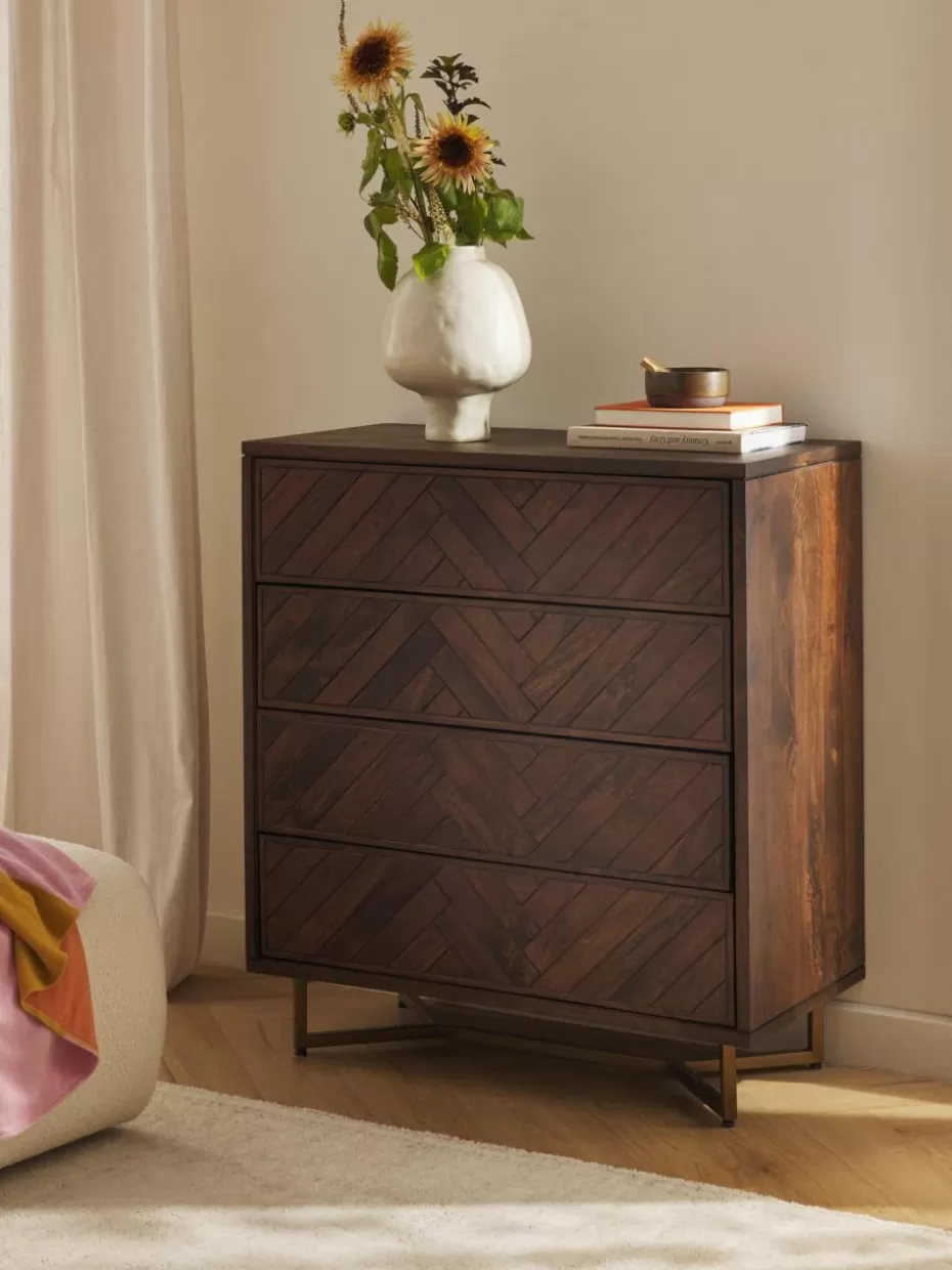 Kommoden & Sideboards-Westwing Collection Kommode Luca aus Mangoholz mit Fischgrät-Muster Mangoholz, Goldfarben