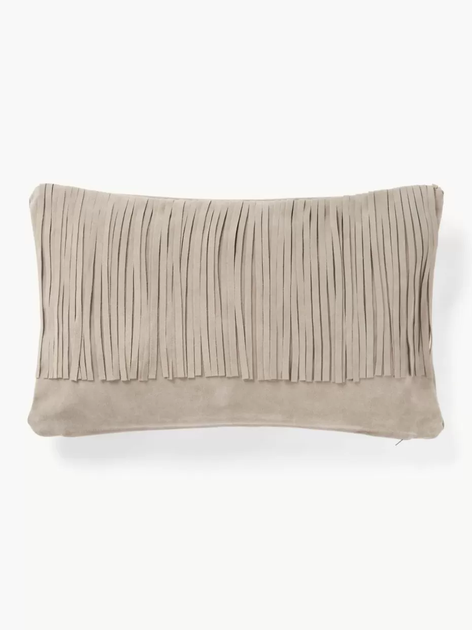 Dekokissen-Westwing Collection Leder-Kissenhülle Amaia mit Fransen Beige