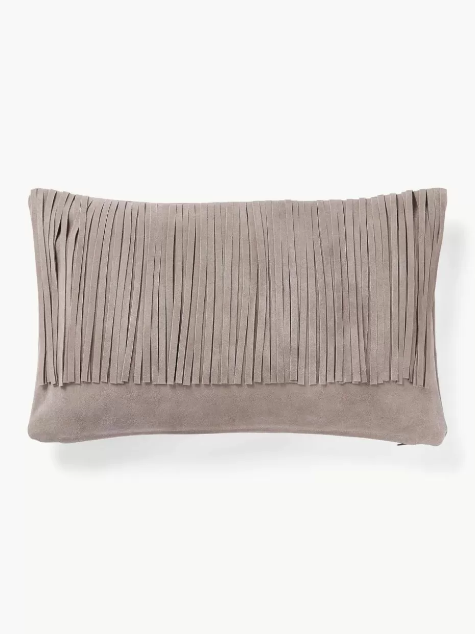 Dekokissen-Westwing Collection Leder-Kissenhülle Amaia mit Fransen Taupe