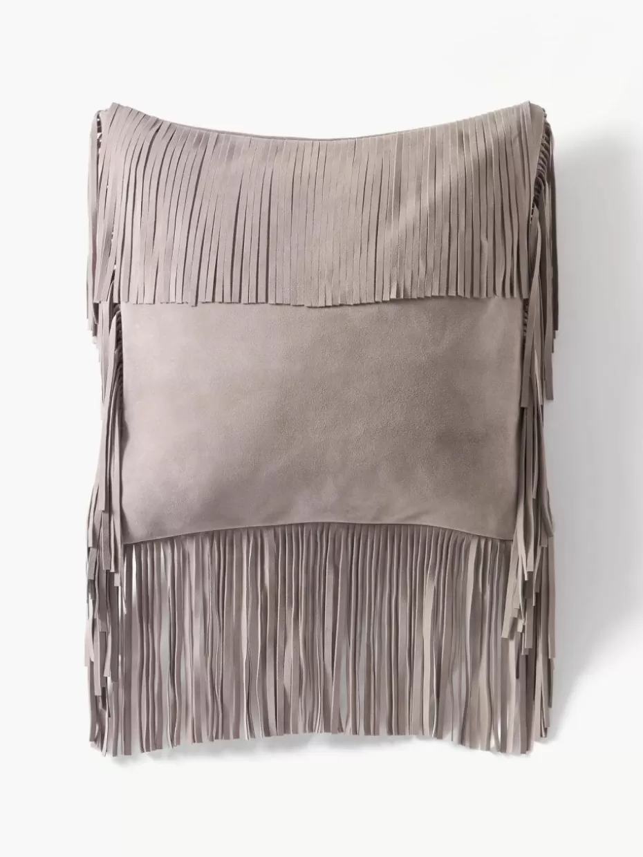 Dekokissen-Westwing Collection Leder-Kissenhülle Amaia mit Fransen Taupe