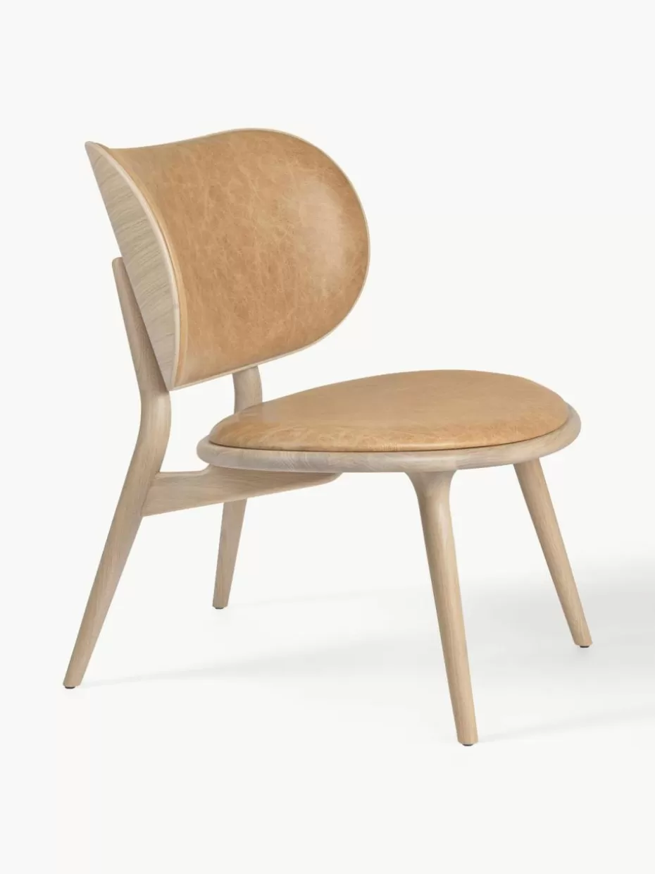 Sessel-Mater Leder-Loungesessel Rock mit Holzbeinen, handgefertigt Leder Beige, Eichenholz hell