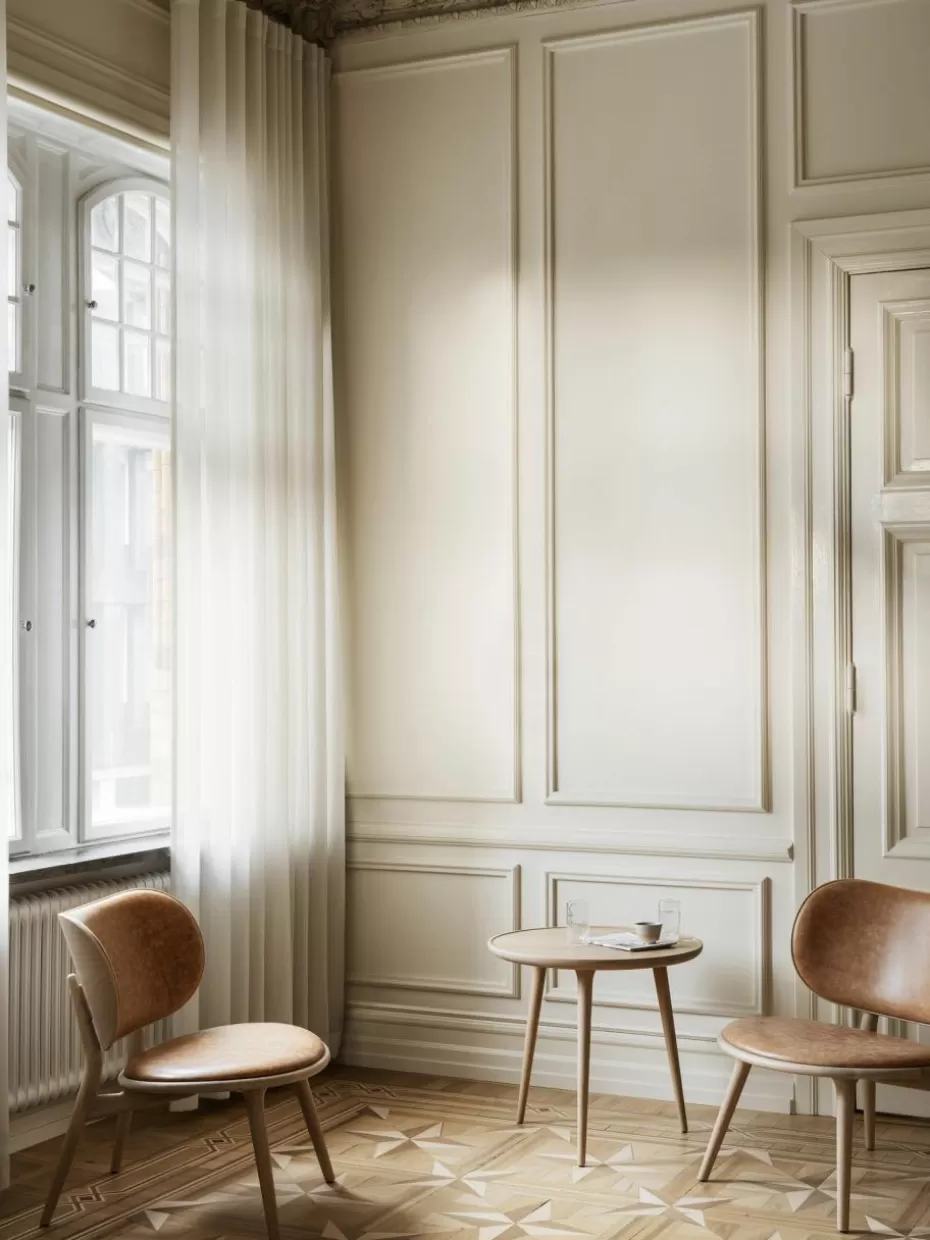 Sessel-Mater Leder-Loungesessel Rock mit Holzbeinen, handgefertigt Leder Beige, Eichenholz hell