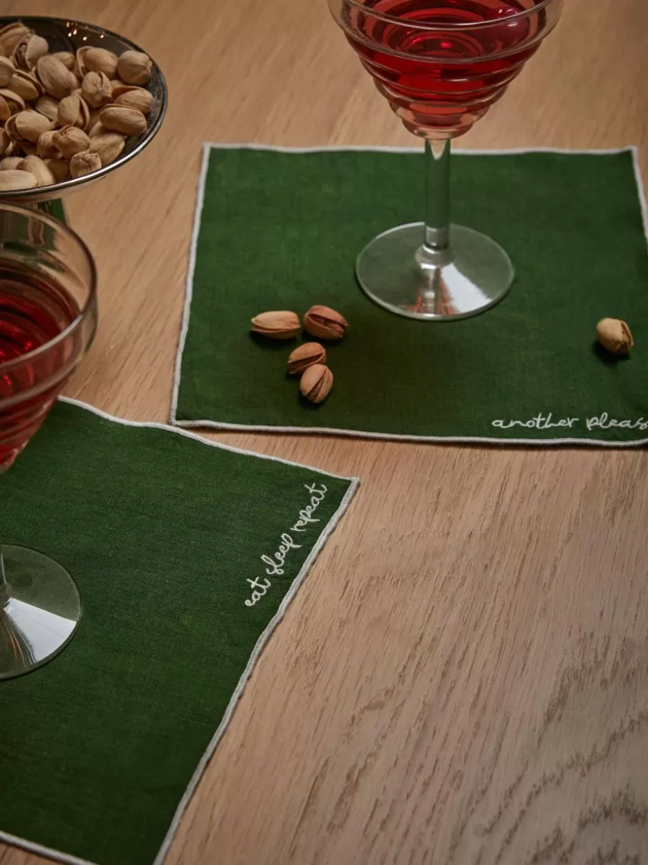 Weihnachtstischwäsche | Servietten-Westwing Collection Leinen-Cocktailservietten Cosmo mit Stickerei, 4 Stück Dunkelgrün