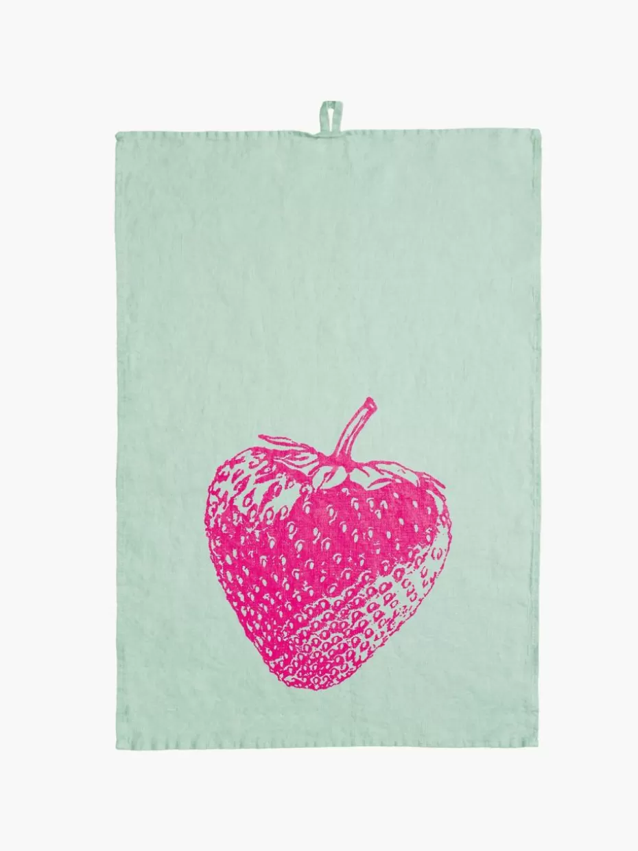 Küchentextilien | Küchentextilien-Frohstoff Leinen-Geschirrtuch Strawberry, handbedruckt Mintgrün, Pink