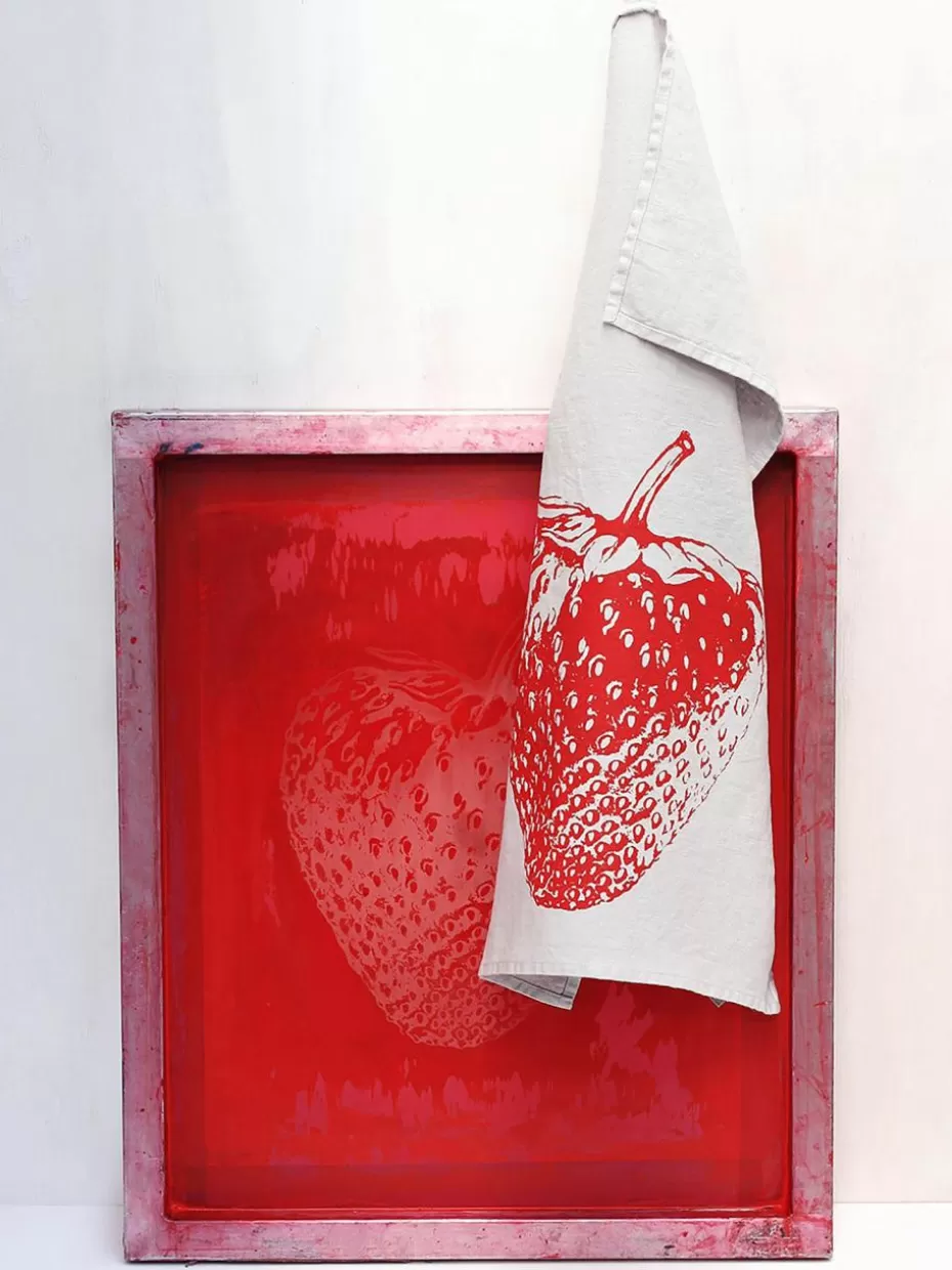 Küchentextilien | Küchentextilien-Frohstoff Leinen-Geschirrtuch Strawberry, handbedruckt Hellgrau, Rot
