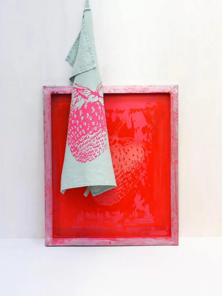 Küchentextilien | Küchentextilien-Frohstoff Leinen-Geschirrtuch Strawberry, handbedruckt Mintgrün, Pink